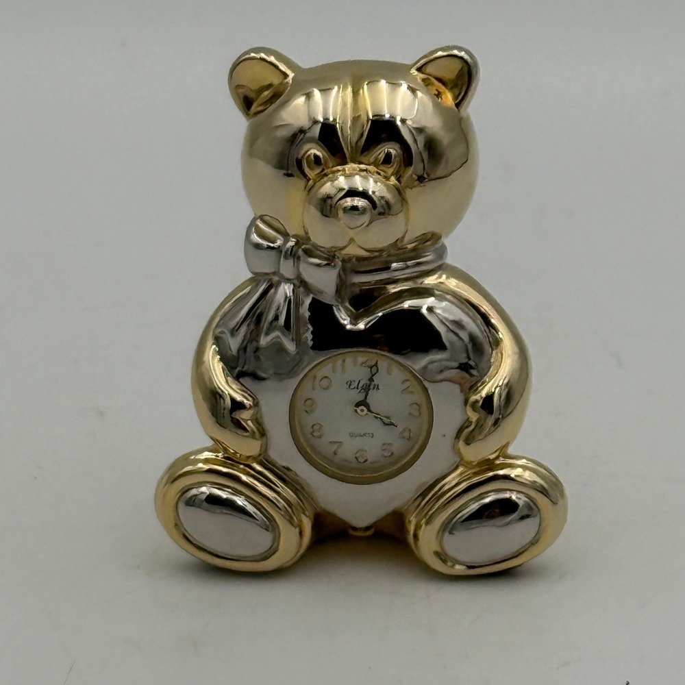 Elgin Teddy Bear Desk Clock Gold Silver Tone Heart Quartz Miniature Figurine